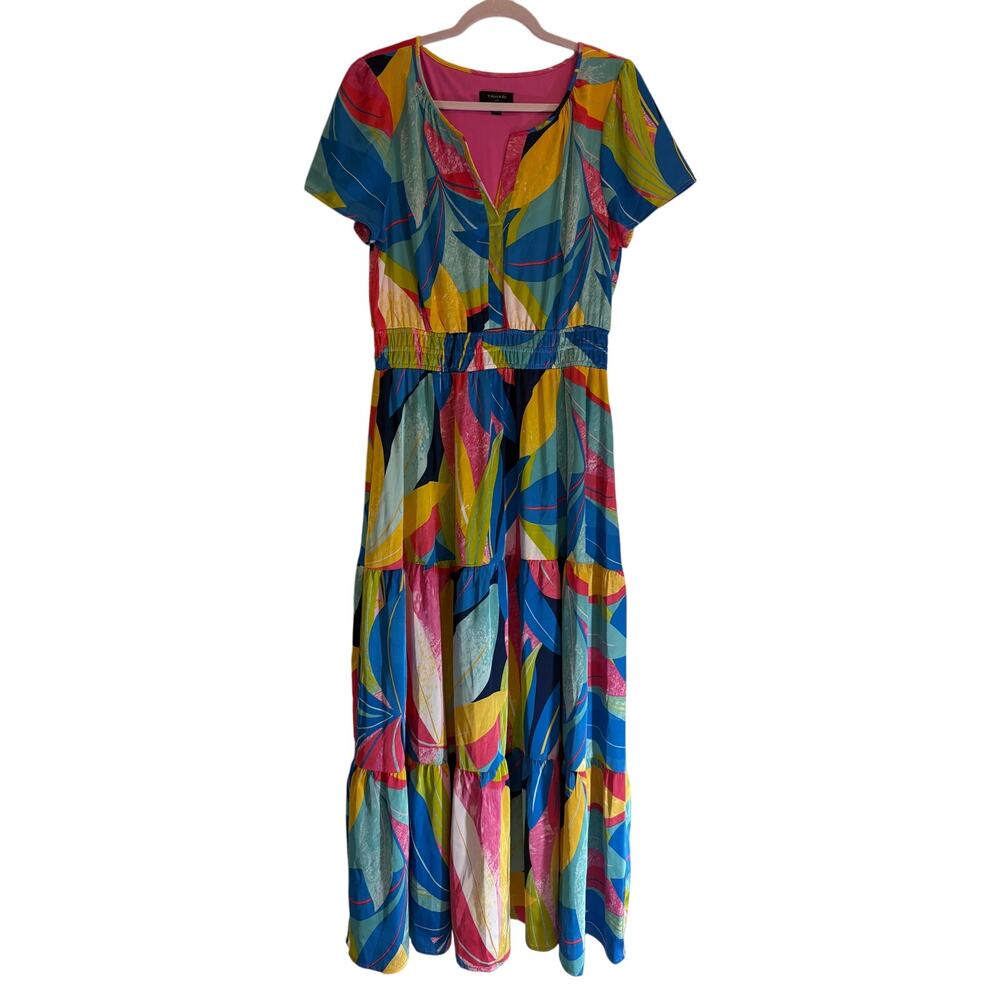 TAHARI ASL Dress Long Maxi Botanical Tiered Ruffle Vacation Colorful | LARGE